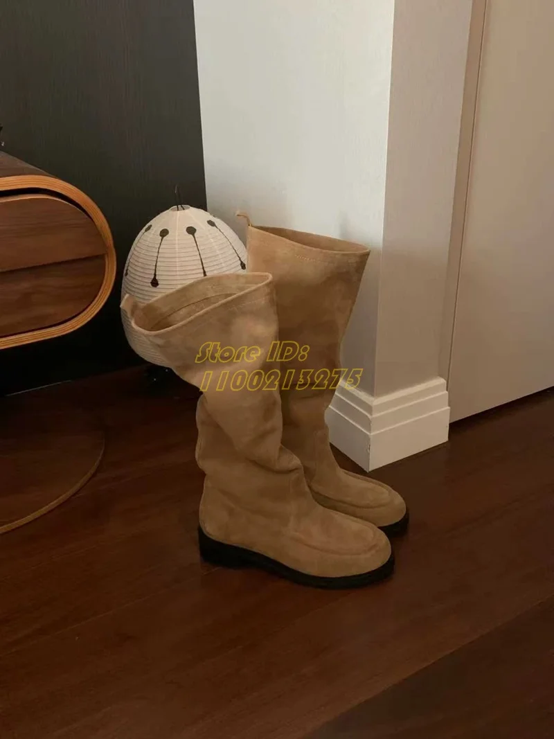 Brown Suede Boots Round Toe Knee High Thick Soled Pleated Pile Boots Block Middle Heel Slip On Runway 2026 New Arrivals Shoes
