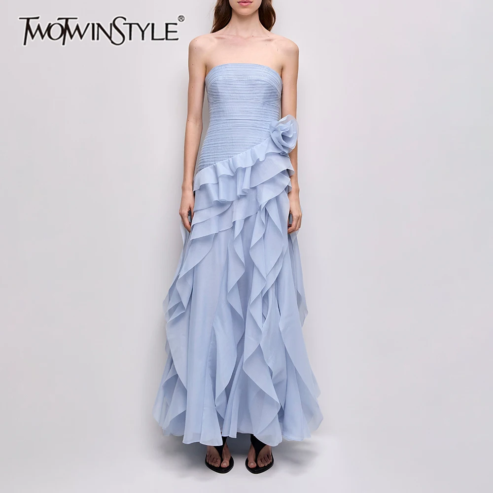 TWOTWINSTYLE Einfarbiges, gespleißtes Rüschen-Midikleid für Damen, trägerlos, ärmellos, Patchwork, Reißverschluss, Kleider, Damenmode, neu