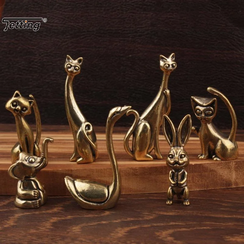 Funny Cat Brass Small Ornament Home Office Desktop Kitten Figurines Handmade Tabletop Copper Animal Sculpture Decoration Crafts