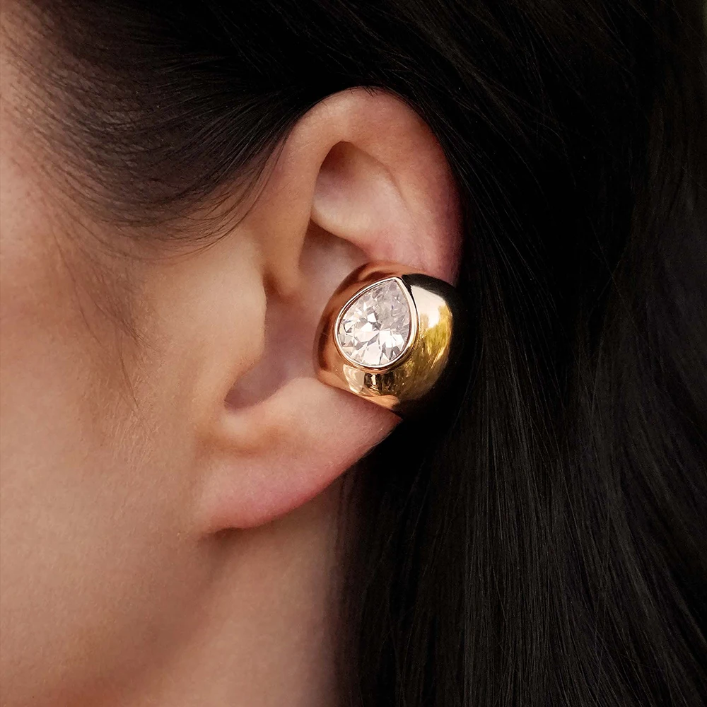 French Vintage 18K Real Gold Plated Copper Inlaid Cubic Zircon Wide Surface Ear Cuffs For Women Trendy Versatile Jewelry Gift