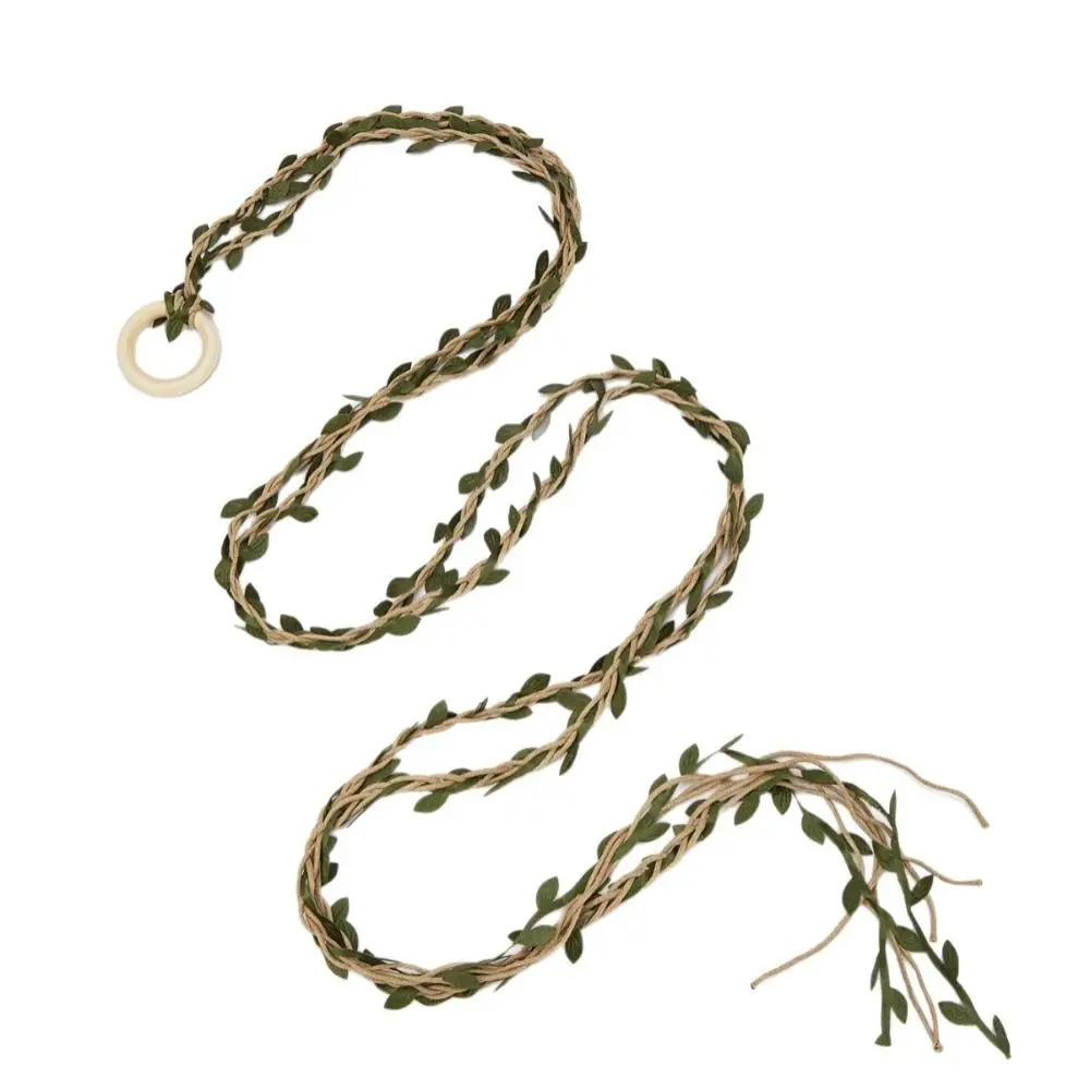 Wooden Ring Buckle Rattan Leaf Belt Boho Style Twisted Rope Linen Rope Belt Handmade Cottagecore Braided Waist Belt