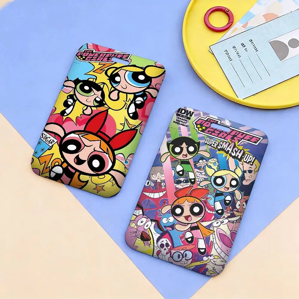 Cartoon The-P-Powerpuffs-G-Girls Working Bank Credit Card Holders with Long Lanyard Employee Name ID Card Cover Holde