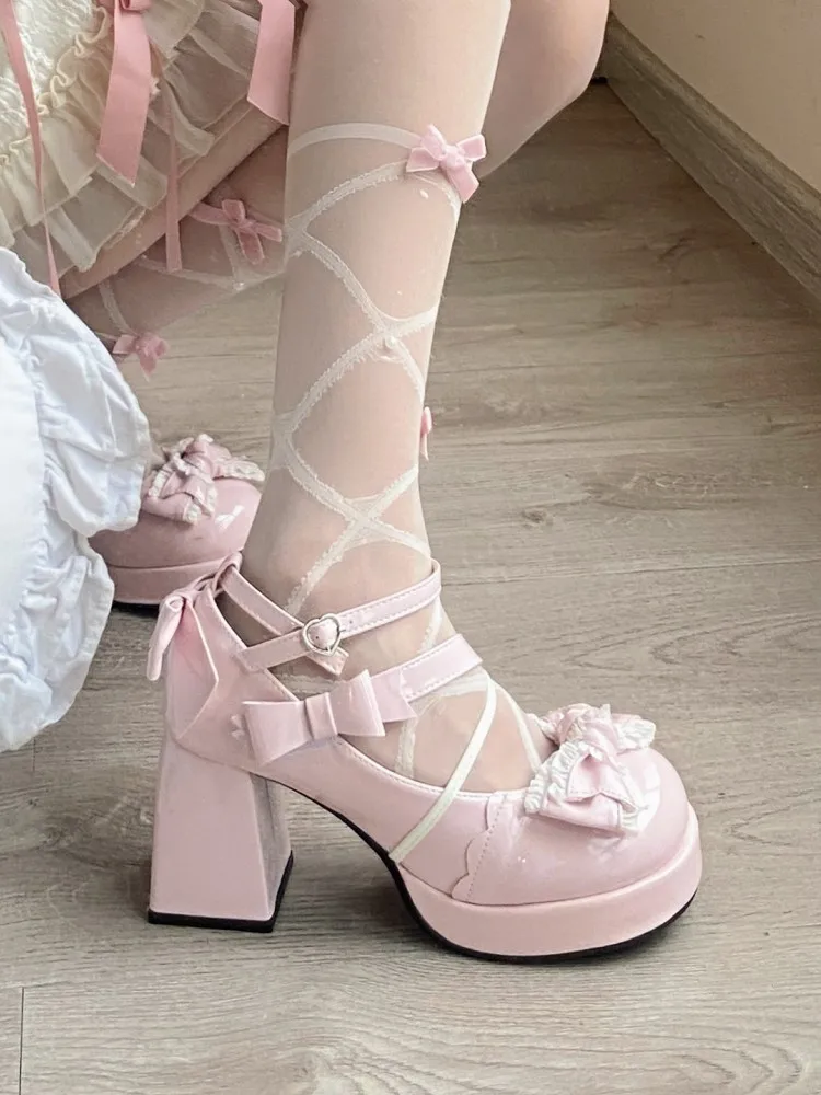 Originele authentieke waterdichte platform Lolita-schoenen met middelhoge hak, leuke en lieve Japanse enkele schoenen voor meisjes
