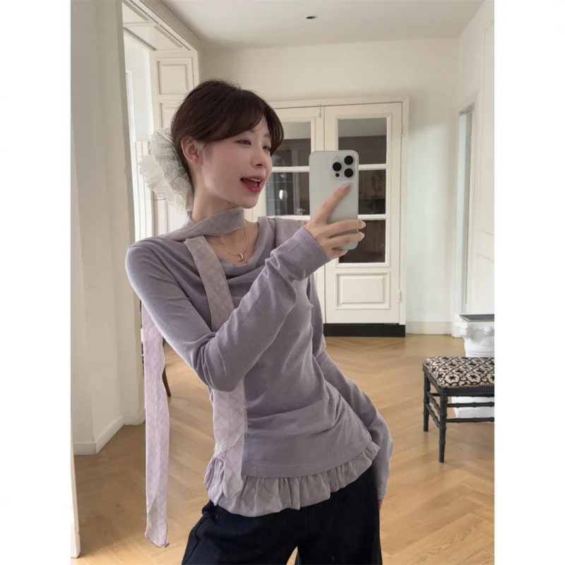 

Women's Slash-Neck Tops, Patchwork Plaid Tees, Spring Fall Street wear 2025,Fashion Long Sleeve T-shirt for Woman