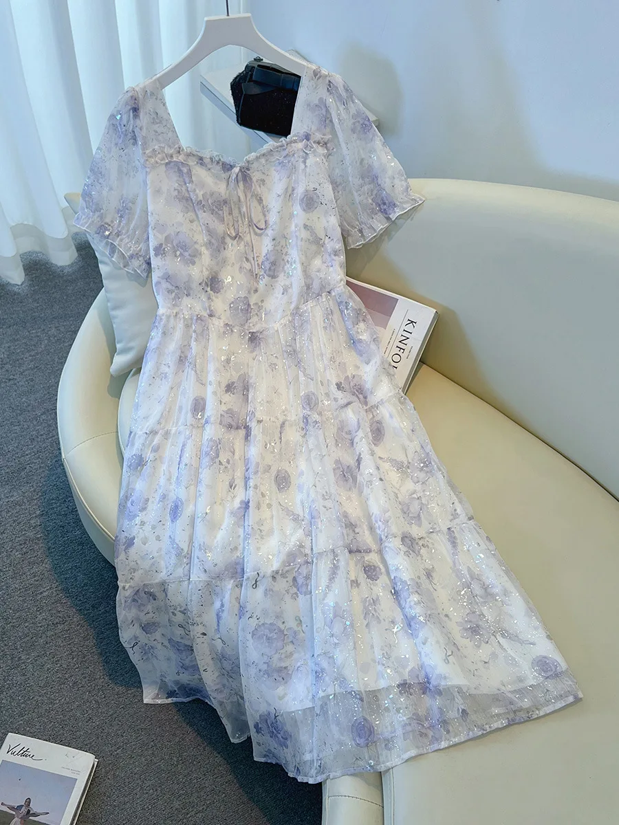 

150Kg Plus Size Women's Bust 142-155 Summer Loose Gentle Style Floral Dress Short Sleeved Square Neck Waist Cinched Dress 9XL
