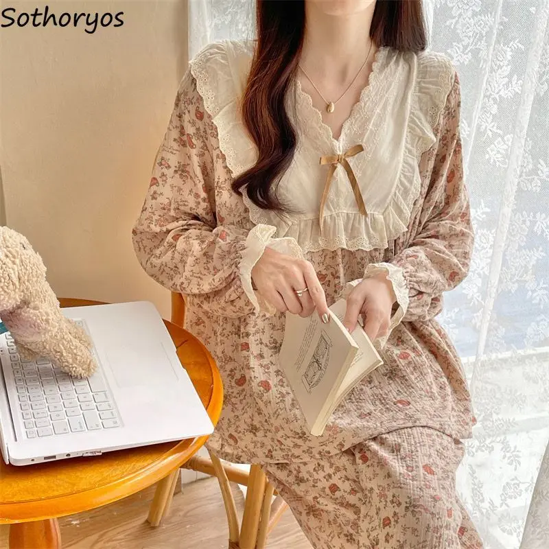 Floral Pajamas for Women Sweet Home Gentle V-neck Sleepwear Patchwork Girlish Ulzzang Students Aesthetic Prairie Chic Lounge New