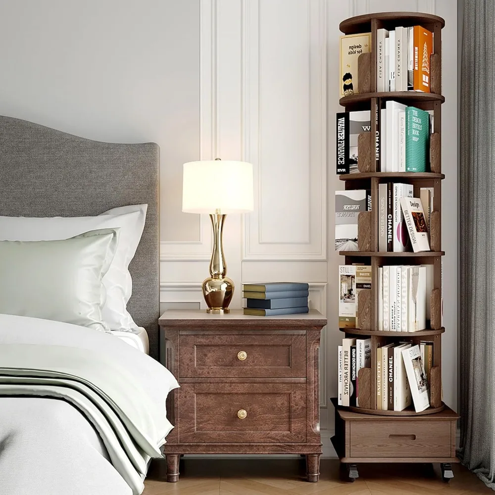 برج رف كتب خشبي دوار بخمس طبقات مع درج وعجلات، وخزانة كتب دوارة قائمة بطول 72 بوصة #6