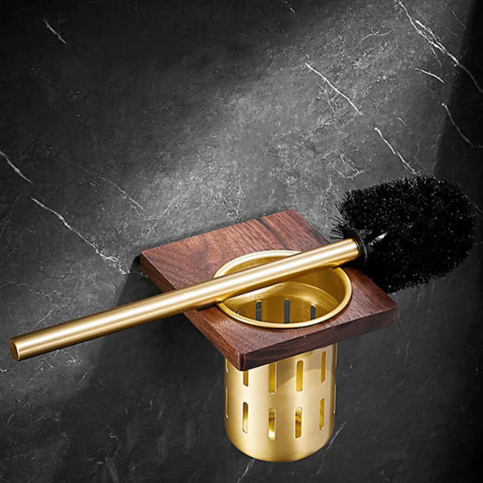 

Gold Toilet Brush Holder Set Wood Walnut Antique Luxury Wall Mounted Metal Cup WC Brush Rack Shelf for Bathroom Home Lavatory