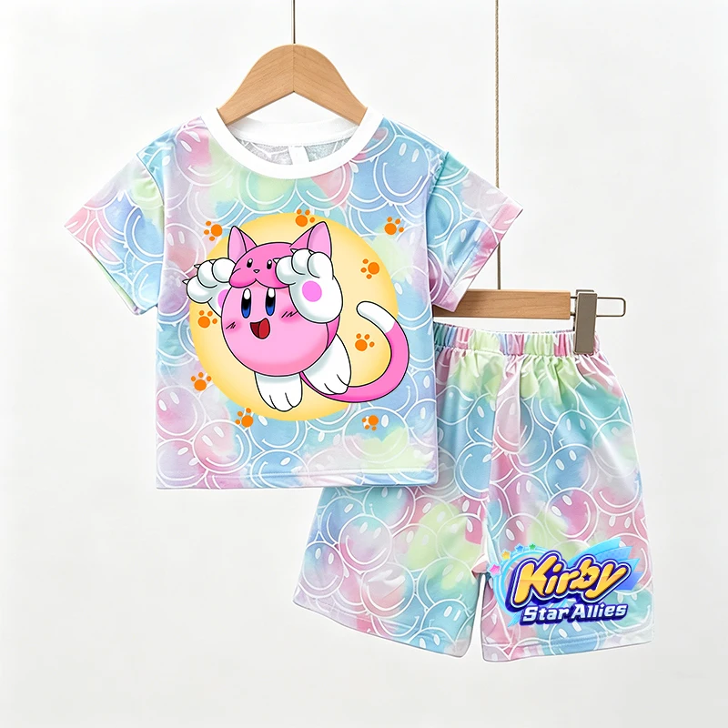 

New Kirbys Children Tie-dye Smlie T Shirt Boy Girl Short Sleeves Baby Kawaii Tees Shorts 2pcs Kids Cute Summer Clothes Set GIFT