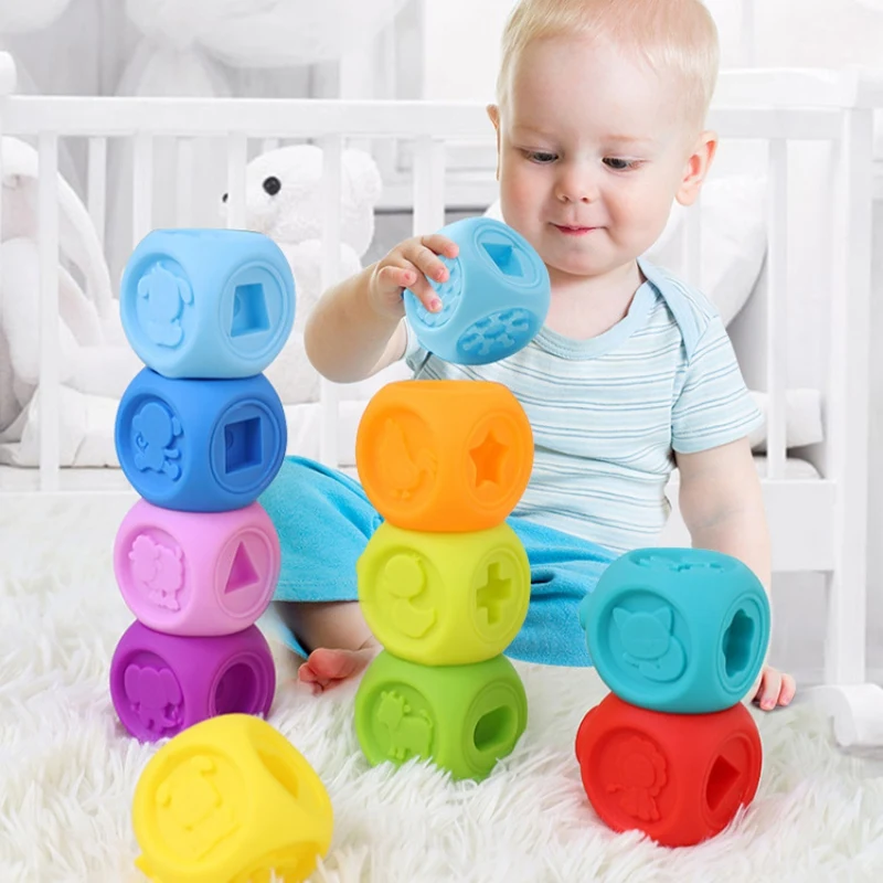 Silicone Build Block Baby Teether Toys Soft Building Blocks Silicone Bath Kids Stacking Toy Building Blocks Cube Toddler Gifts