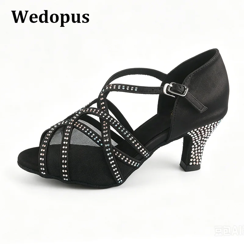 

Women Latin Dance Sandals Shoes Ballroom Dance Jazz Shoes Dance Heels Black High Heels Full Rhinestone