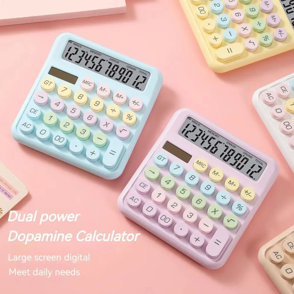 Solar Powered 12 Digits Calculator Mechanical Keyboard Widscreen Candy Color Calculator Dual Power Supply Dopamine Calculator