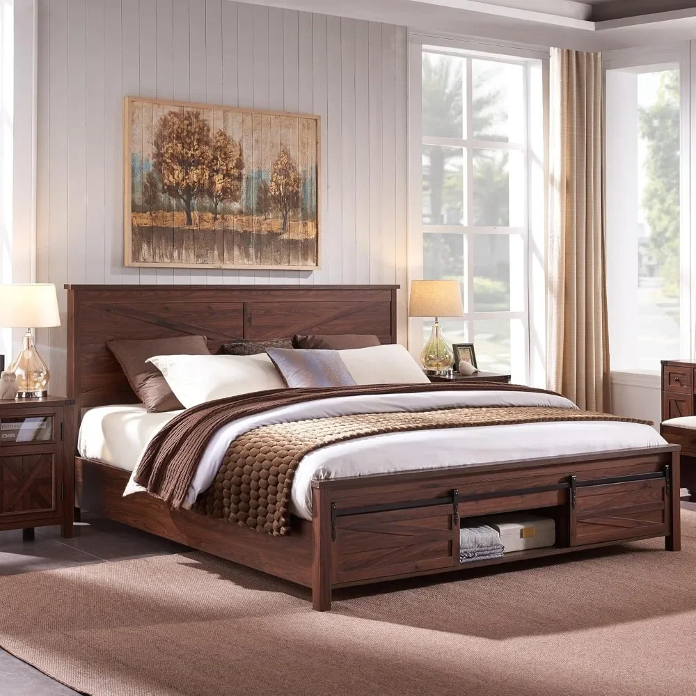 

King Bed Frame with Sliding Barn Door Storage Cabinets, Solid Wood Slats Support, Bed Frame