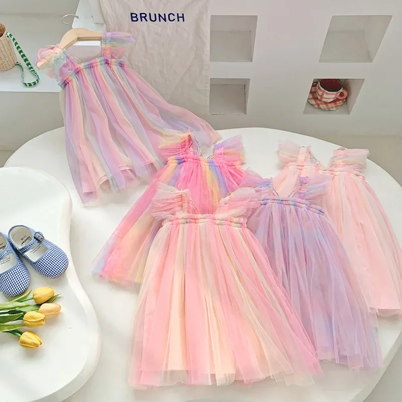 Toddler Baby Summer Princess Dress Kid Mesh Lace Sweet Rainbow Dress Sleeveless 3D Angel Wings Fairy Dress Children Clothes