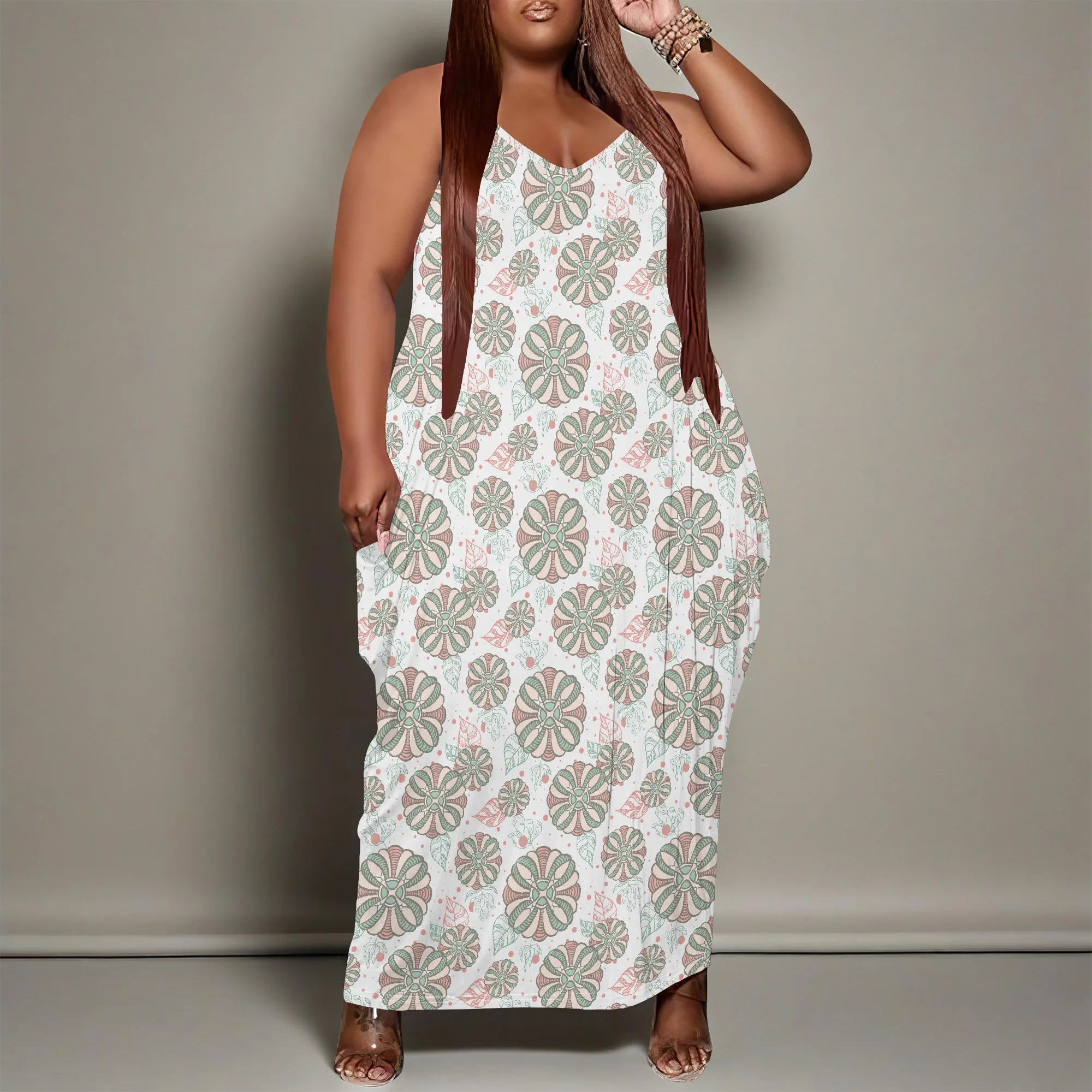 女性プラスサイズドレス花柄ルーズホルターロングドレスポケット付きファッショナブルなボヘミアン XL-6XL