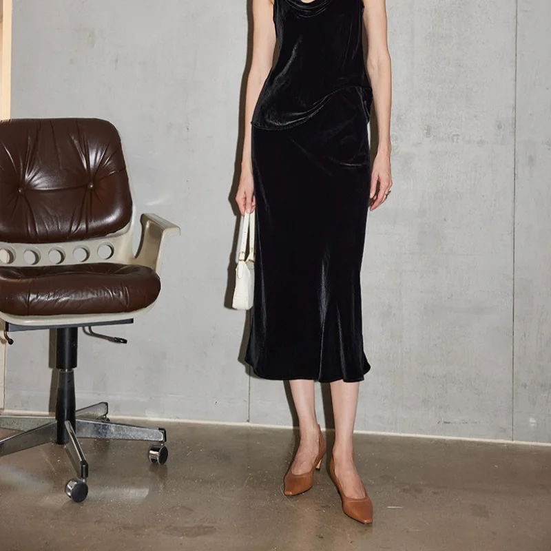 Birdtree, Silk Velvet Elegant Skirt, Women's Elastic Waist Skirts, Bias-cut, 2025 Fall Winter Black Skirt D5D819JF