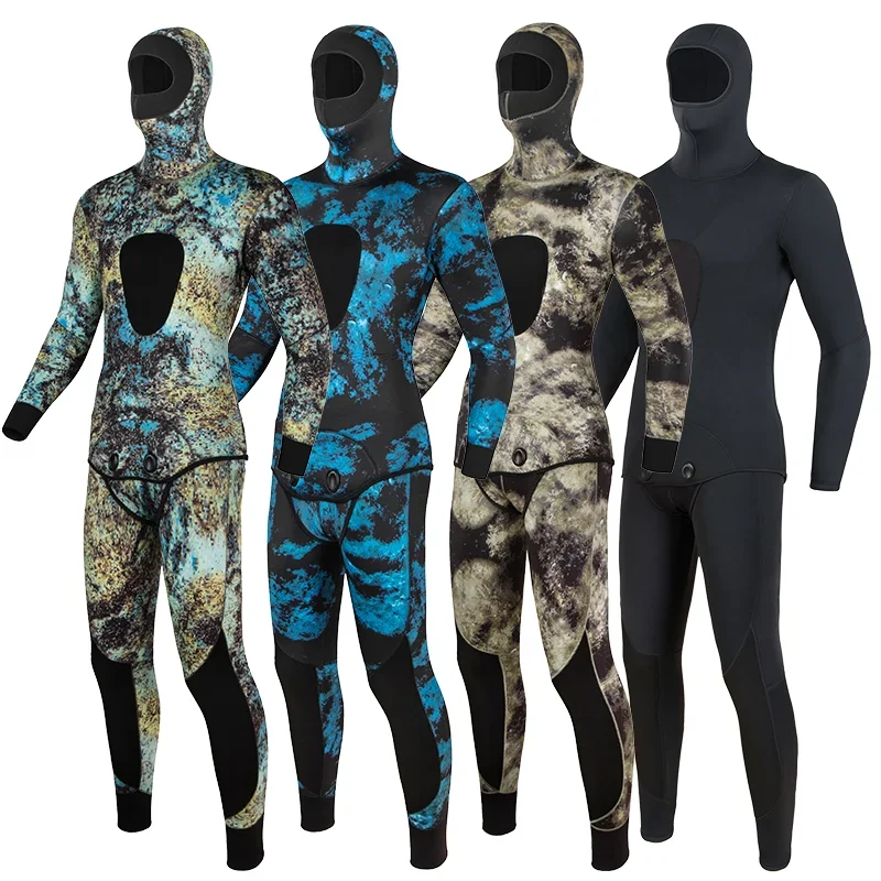 Traje de camuflaje para hombre, traje de buceo de manga larga con capucha de fisión, sumergible, mantiene el calor, impermeable, 2 piezas