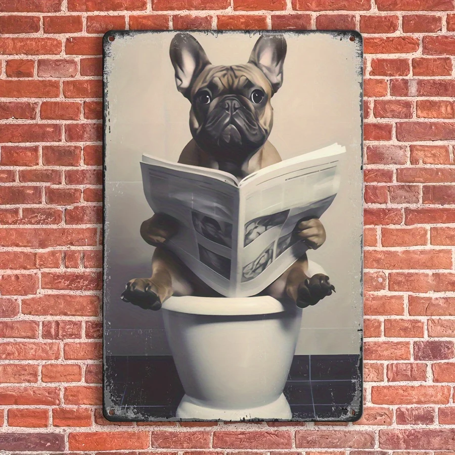 Vintage-Metallschild „Welpen liest auf der Toilette“ – Verspieltes französisches Bulldoggen-Motiv mit Zeitungsdesign, perfekt für Zuhause