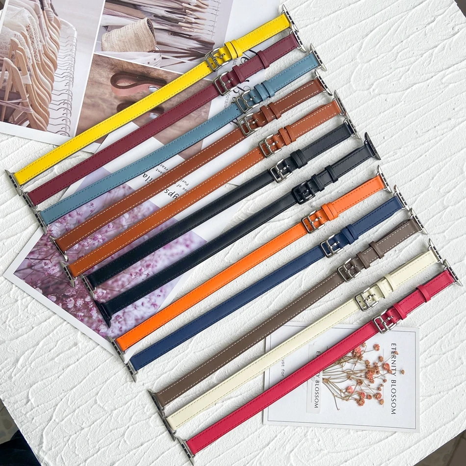Soft Calfskin Leather Strap For Apple Watch Band 9 8 7 6 5 4 Ultra 2 Double Tour Bracelets Iwatch Series 38mm 40/41mm 49/44/45mm