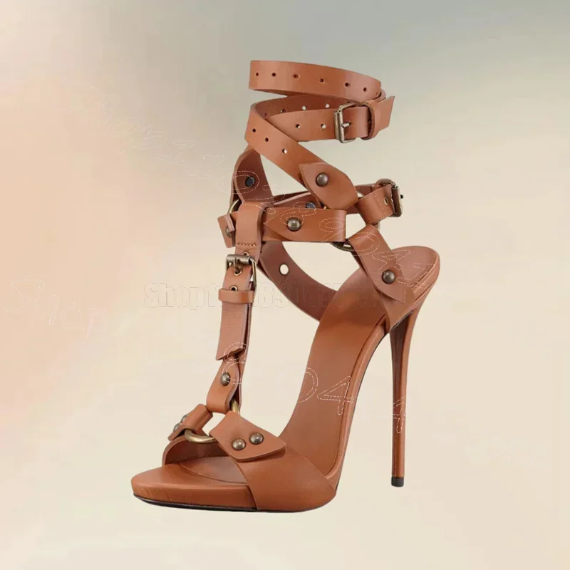 

Brown Hollow Cut Heel Buckle Open Toe Sandals Buckle Strap Women Shoes Thin High Heels Fashion Banquet 2025 Zapatos Para Mujere