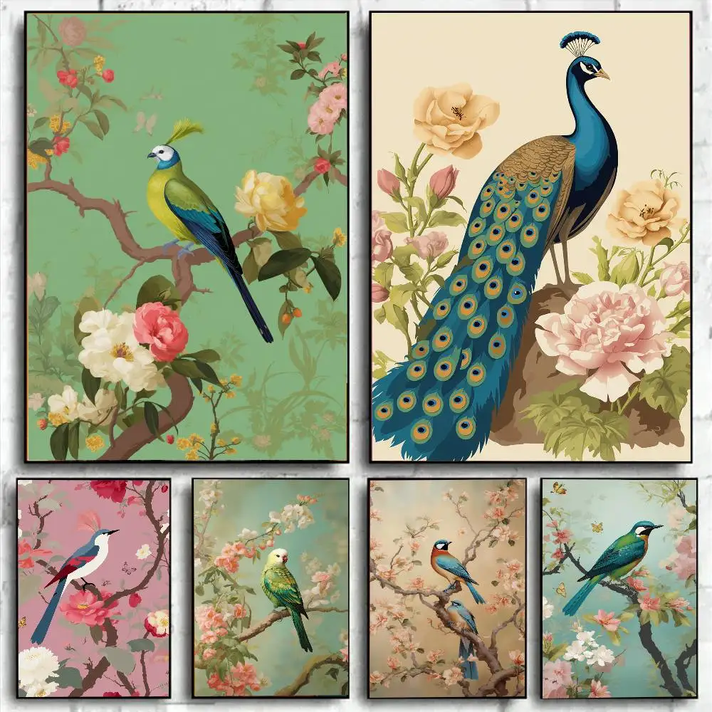 Traditional Chinoiserie Bird and Flower Budgie Heron Landscape Poster Canvas Printing Wall Art Pictures Home Interior Room Decor