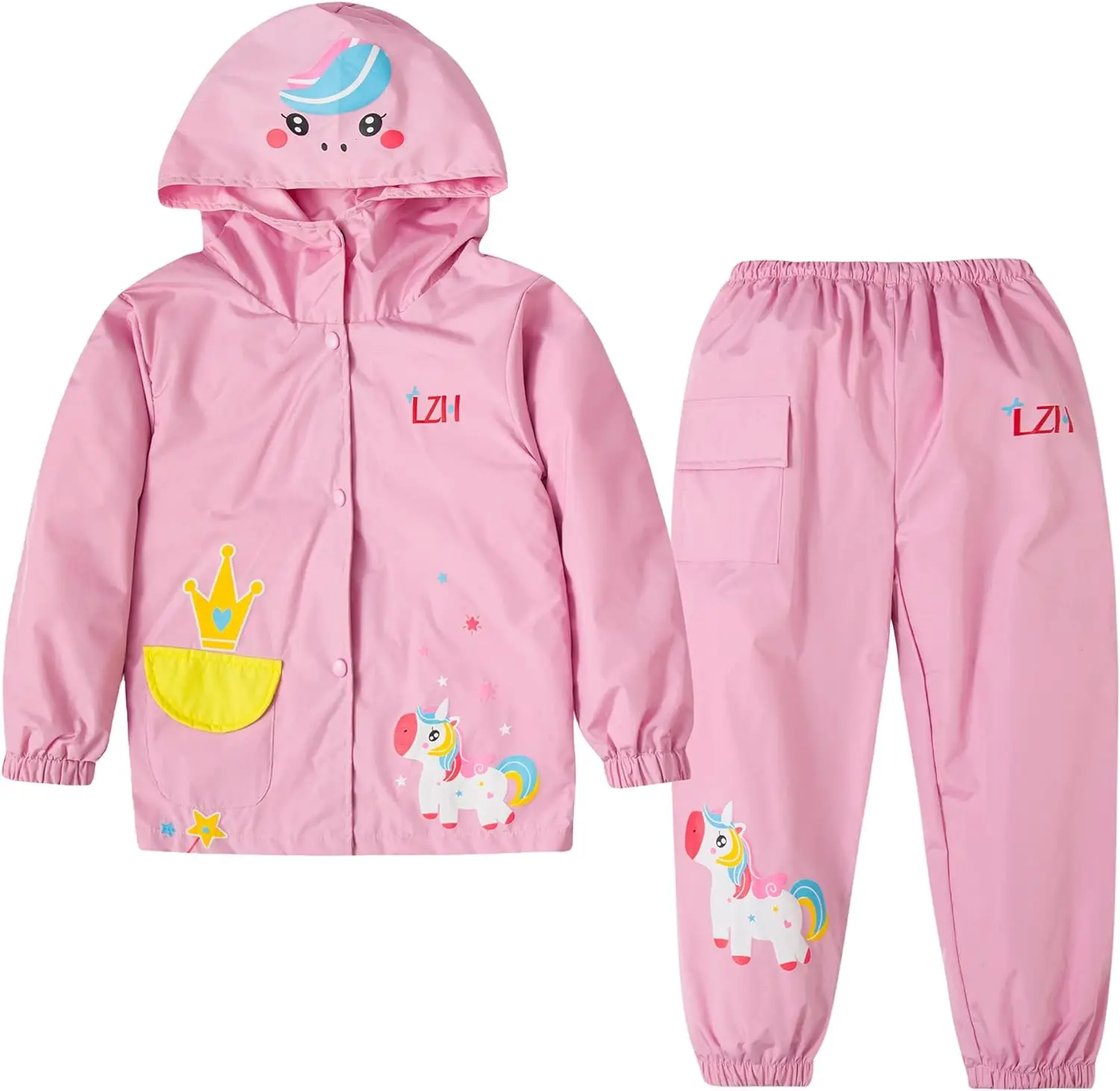 Herbst Winter Einhorn Druck Wasserdichte Kapuze Jacke + Hosen Anzüge Kinder Mädchen Jungen 2 stücke Casual Outdoor Regenmantel Sets Für kinder – Detail 16