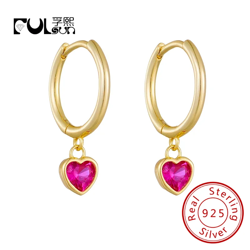 

FULSUN new design garnet zircon heart huggie earrings 925 sterling silver 14K gold plated fashion drop earrings fine jewellery