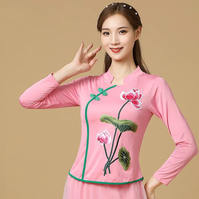 Cheongsam Women's Plus Size Short Tops 2024 Autumn Cotton Blend Mesh Splicing Embroidery Slim Chinese Style Qipao Shirts Woman