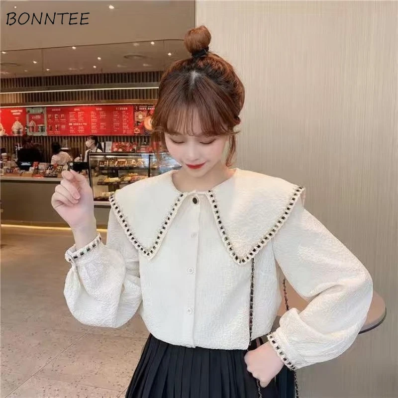 

Shirts Women Lovely Vintage Prevalent Design Long Sleeve All-match Peter Pan Collar Autumn Elegant Stylish Tender Korean Style