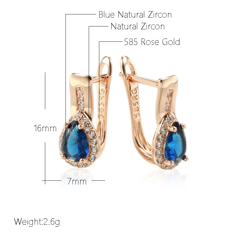 Wbmqda New 585 Rose Gold Color Drop Shape Blue Natural Zircon Earrings For Women Luxury Trendy Jewelry 2023 Hot Accessories