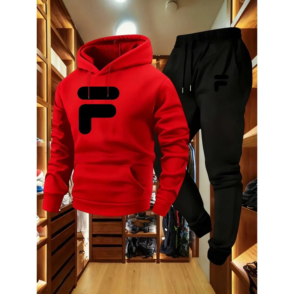 طقم سويت شيرت وسروال للركض بنمط F-أسود للرجال - نمط الشارع الحضري، ناعم، دافئ، مريح، ملابس رياضية غير رسمية #5