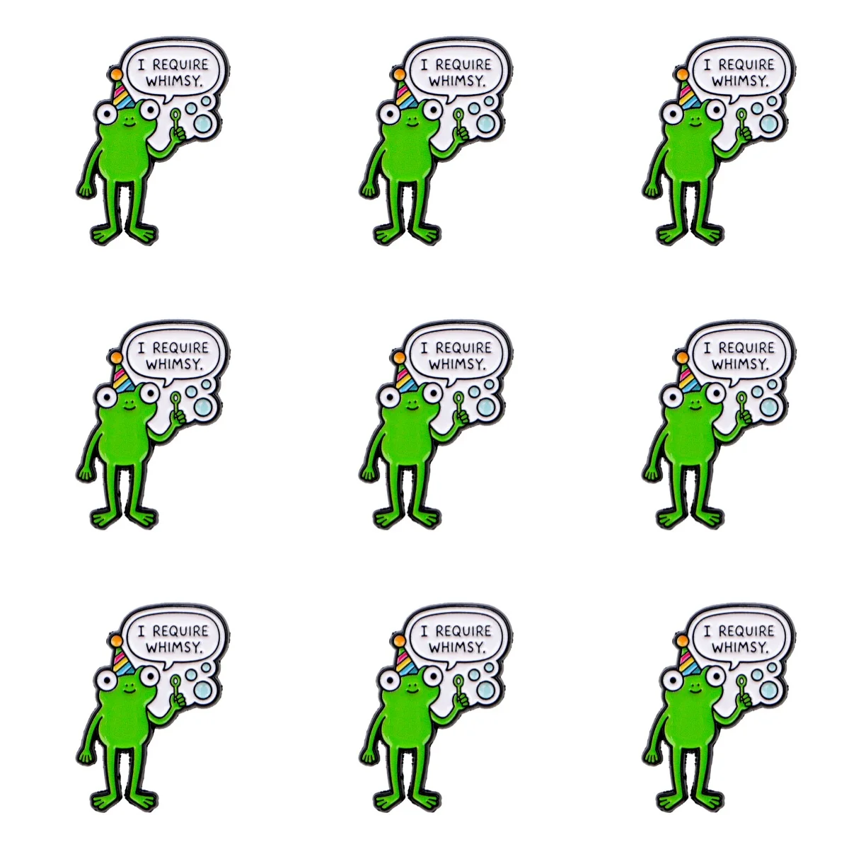 9pcs I Require Whimsy Frog Enamel Pin Party Hat Green Frog Lapel Brooch Cartoon Animal Metal Badge Backpack Clothes Decor Gift