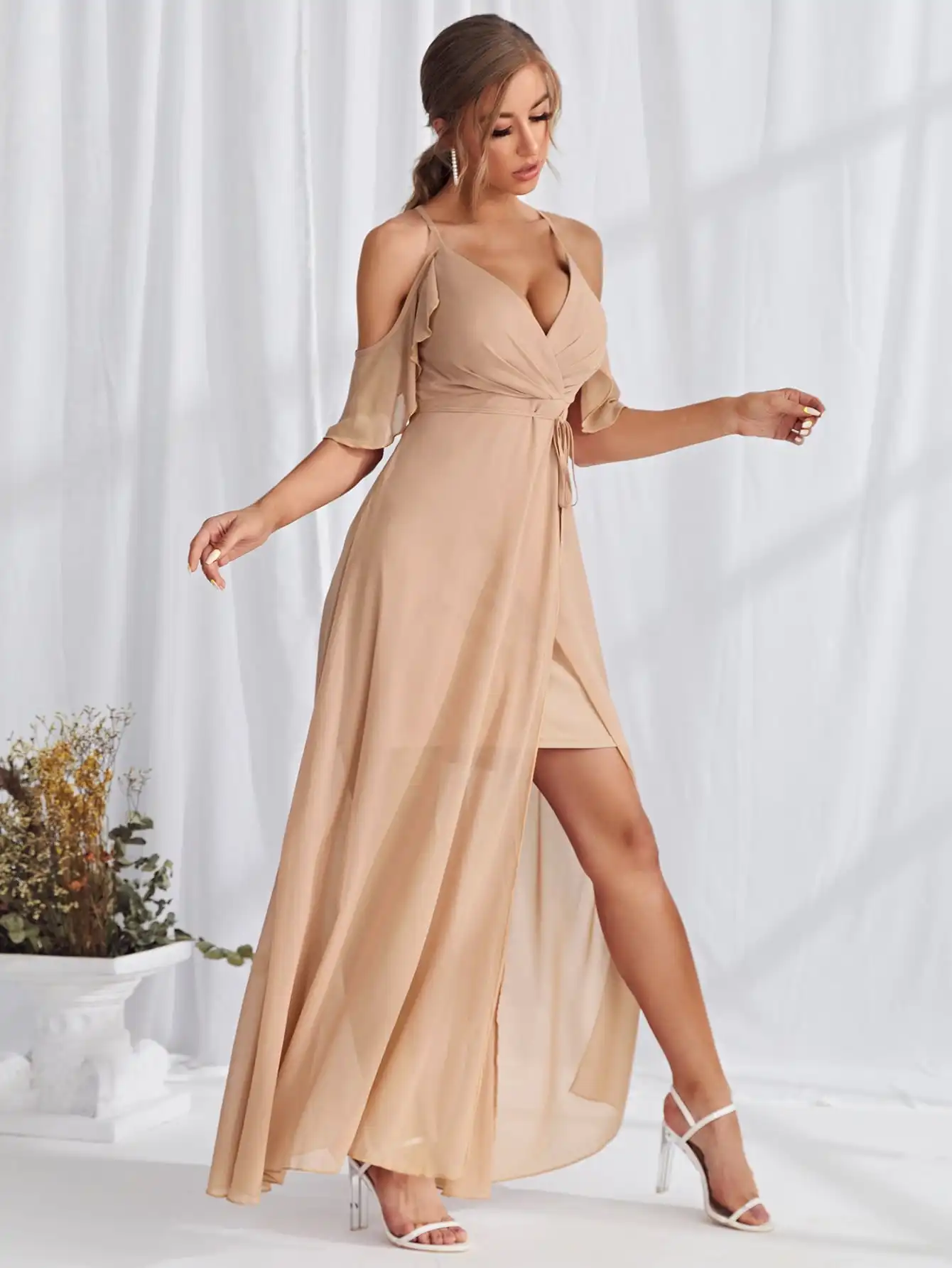Uni thorse Cold Shoulder Wrap Saum Gürtel Maxi Ballkleid