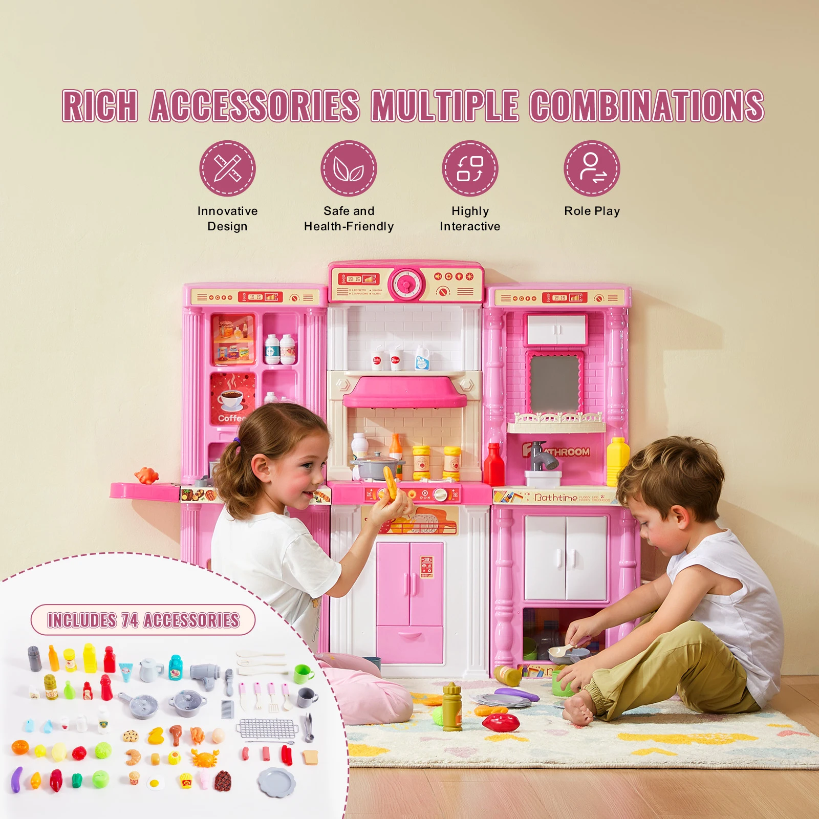 SucceBuy – jouets de cuisine pour enfants, 74 pièces, ensemble de jeu de Chef avec sons et lumières, maison de jeu pour enfants, ustensiles de cuisine pour tout-petits