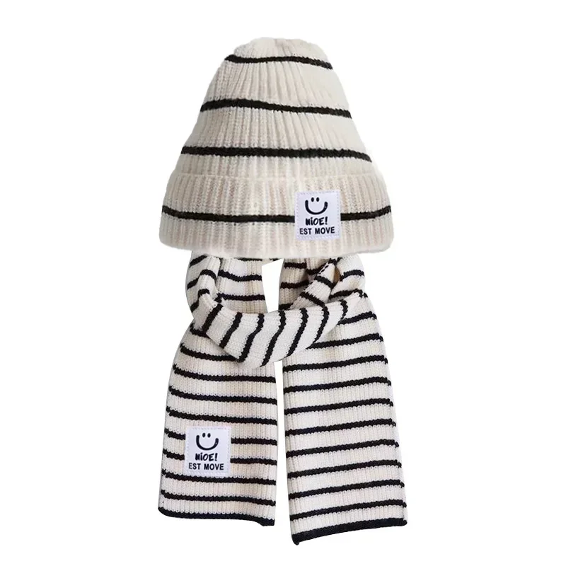 Korean Chic Kids Beanie Scarf Set for Boy Girl Black White Color Striped Scarf Crochet Bonnet Set Autumn Winter Warm Knitted Hat