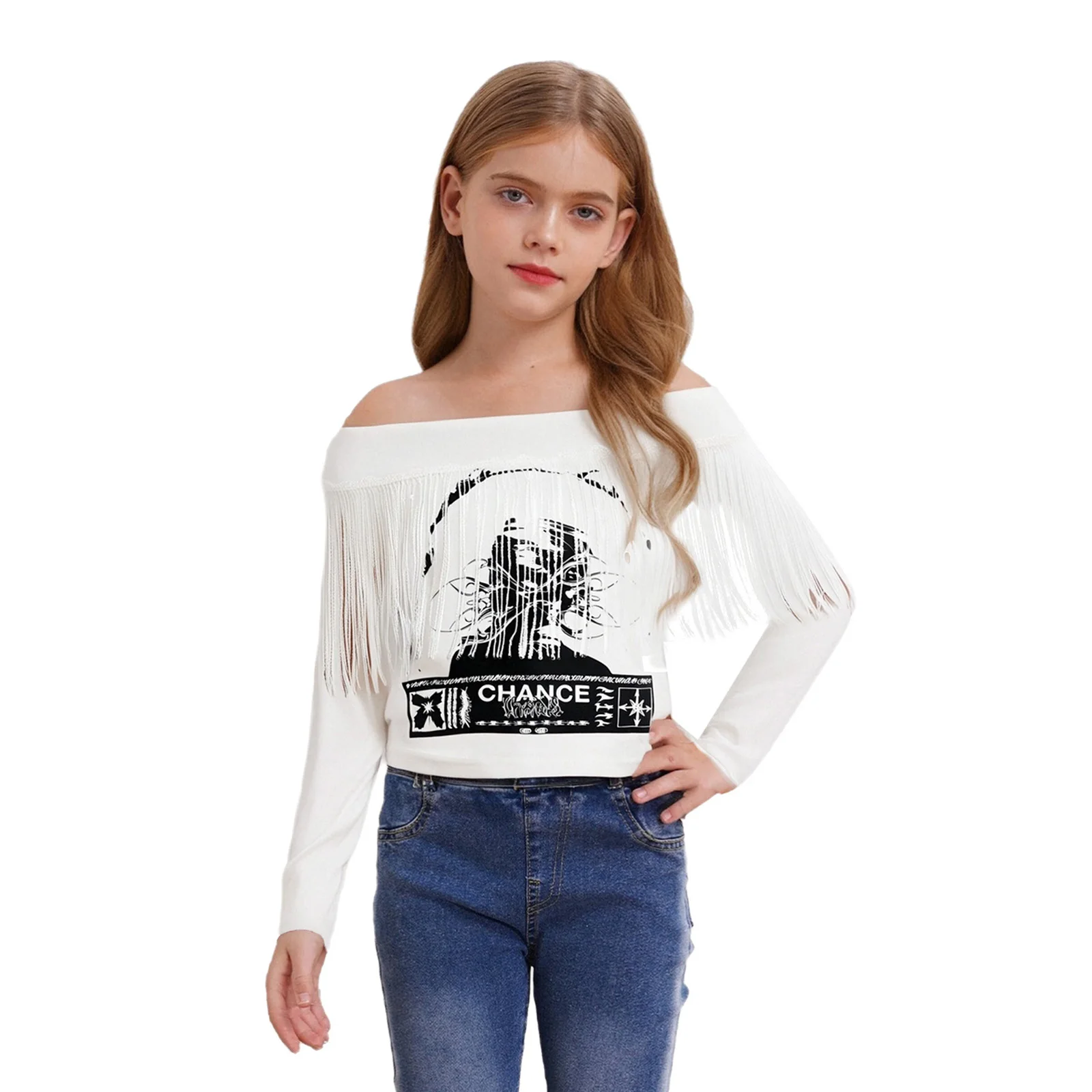 

Kids Girls T-shirt Hip-Hop Jazz Dance Costume Shiny Sequins Tassels Printed Top Off-Shoulder Long Sleeve Cotton Shirt Streetwear