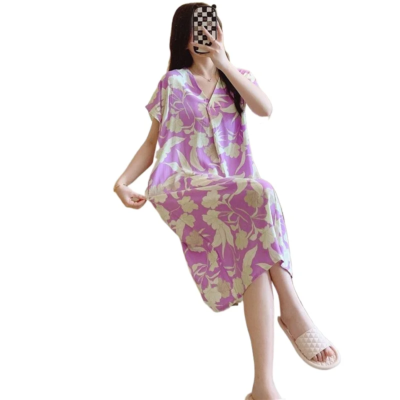 

2026 Korean Version Large Size Loose Loungewear Cotton and Silk Nightgown Women's Summer Short-sleeved Cartoon Printed Pajamas