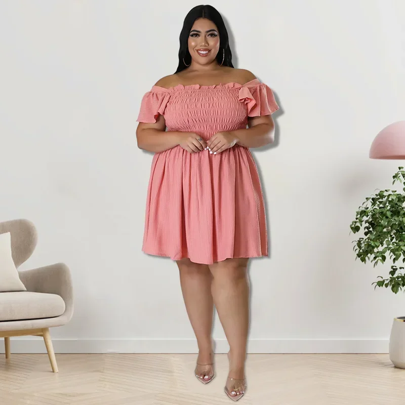 

KEXU Off Shoulder Women's Plus Size Dresses 2024 Summer Sexy Ruffles Butterfly Sleeve Loose Beach Style A-Line Short Dress