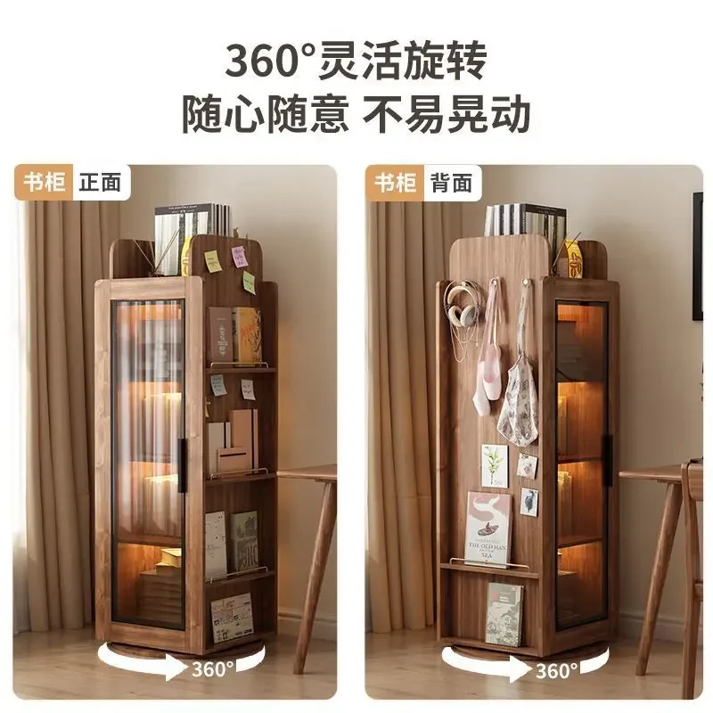 Bookcase 360 degree rotating bookshelf floor-to-ceiling corner cabinet small apartment glass with lamp