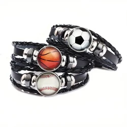 Sport Football Basketball Baseball Glass Snap Button Bracelet Adjustable Woven Leather Bracelets