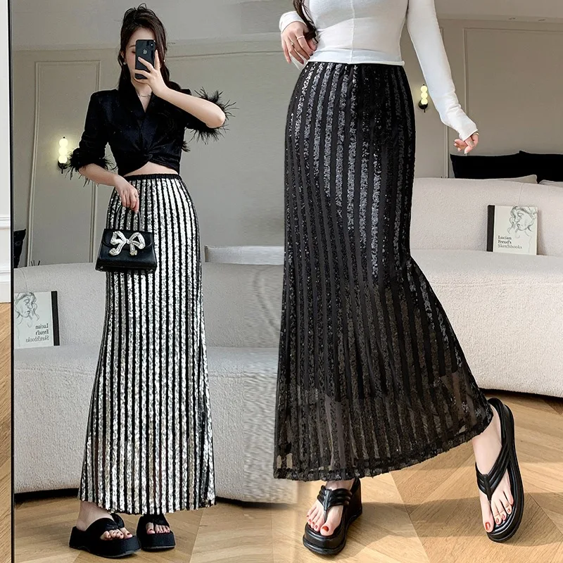 High Waisted Sequins Beading Long Skirt Womens 2024 Summer Stretchy Straight Stylish Fashion Chic Ladies Skirts 2024