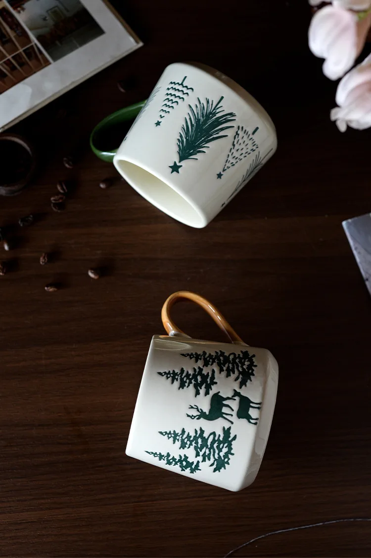 Christmas Tree Ceramic Mug Pine Pattern Coffee Milk Drinking Cup For Home Office Breakfast Daily Beverage Table Party Use
