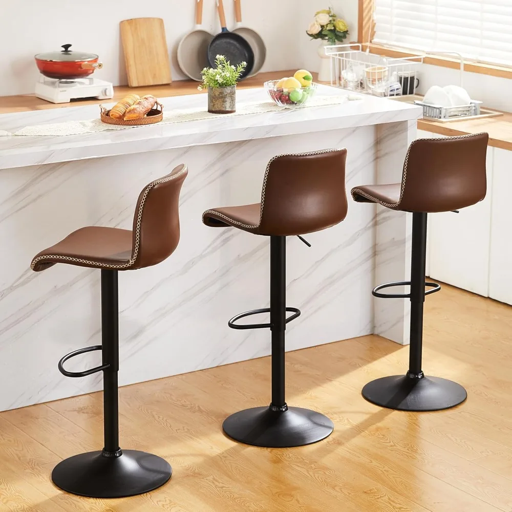 

Swivel Bar Stools Set of 3 - Adjustable Height 24"-32" with Backrest, Brown Faux Leather