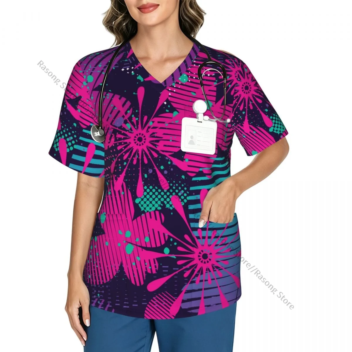 Abstract Floral Butterfly Scrubs Medical Uniforms Women V Neck Short Sleeve Tunic Scrubs Tops Nursing Surgical Uniforms