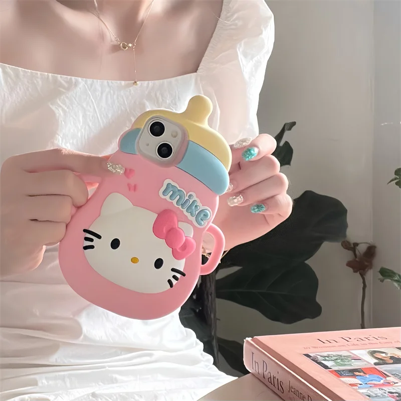 Feeder Hello Kitty feeding bottle Phone Case for iPhone 15 14 13 12 11 Pro Max Sanrio Cat Pink 3D Soft silicone Cover Funda