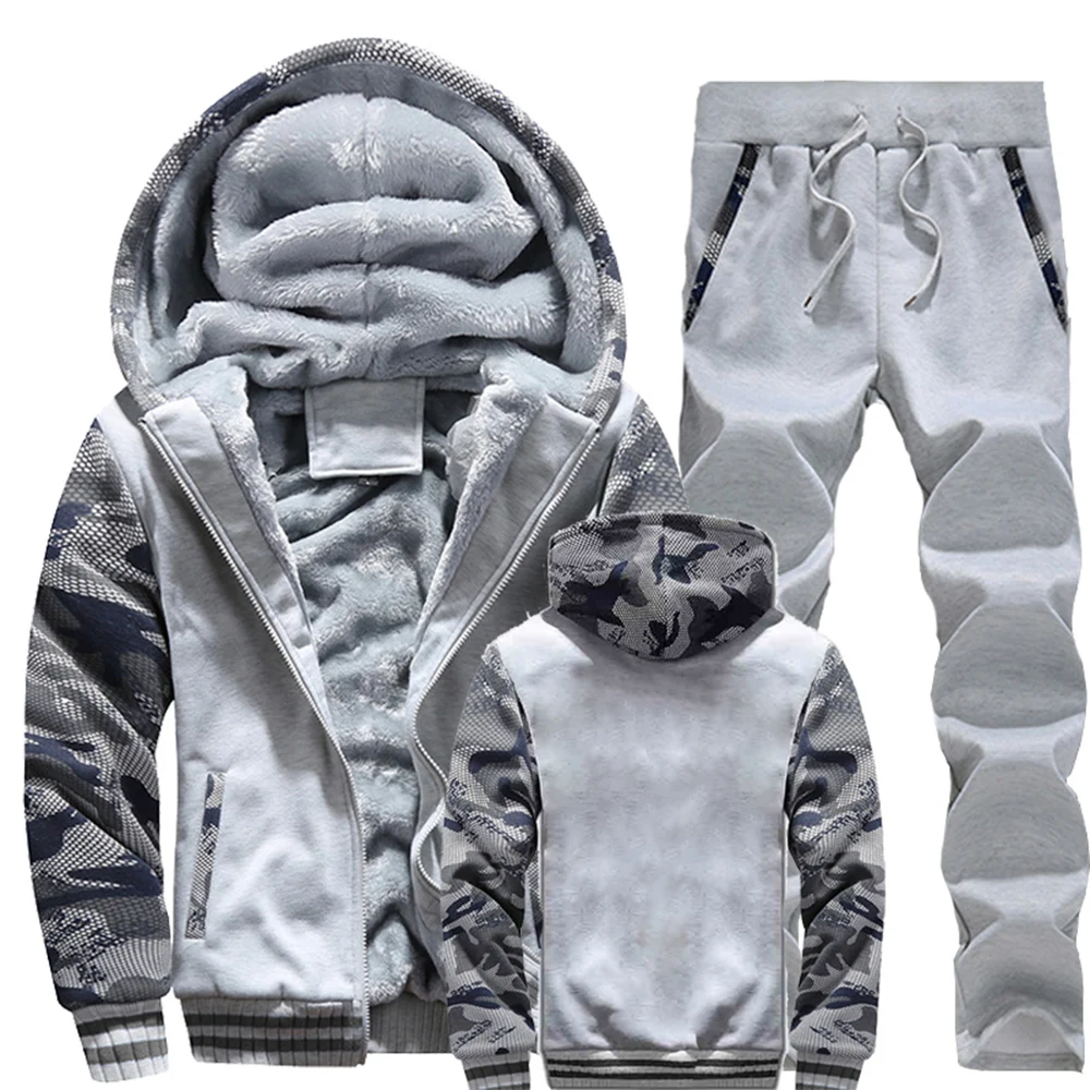 Winter Men Tracksuit Hooded Sportswear Zipper Jacket Fleece Trousers Men\'s Warm Solid Color Casual Men\'s Sports Suit