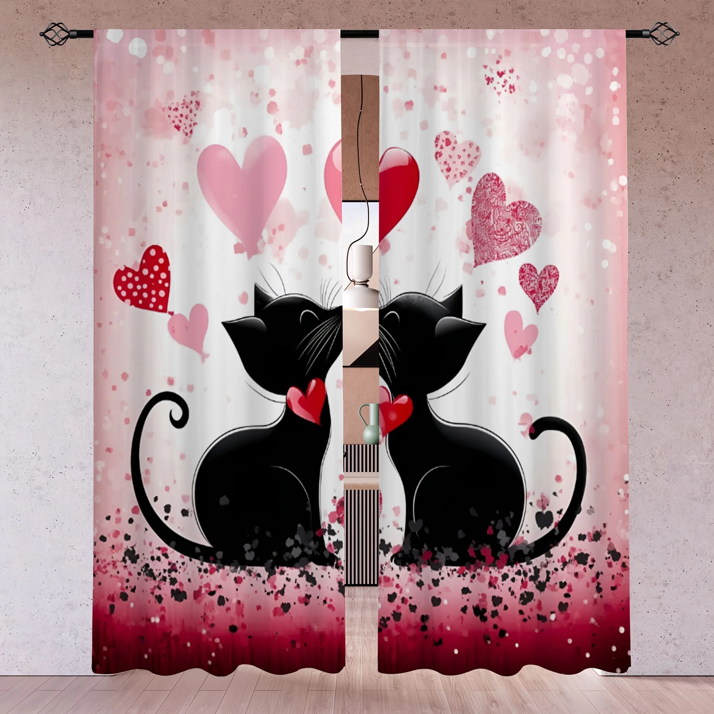 Romantic Black Cat Couple Curtains Pink Heart Love Print Sheer Drapes for Bedroom, Valentine's Kawaii Pet Theme Window Treatment