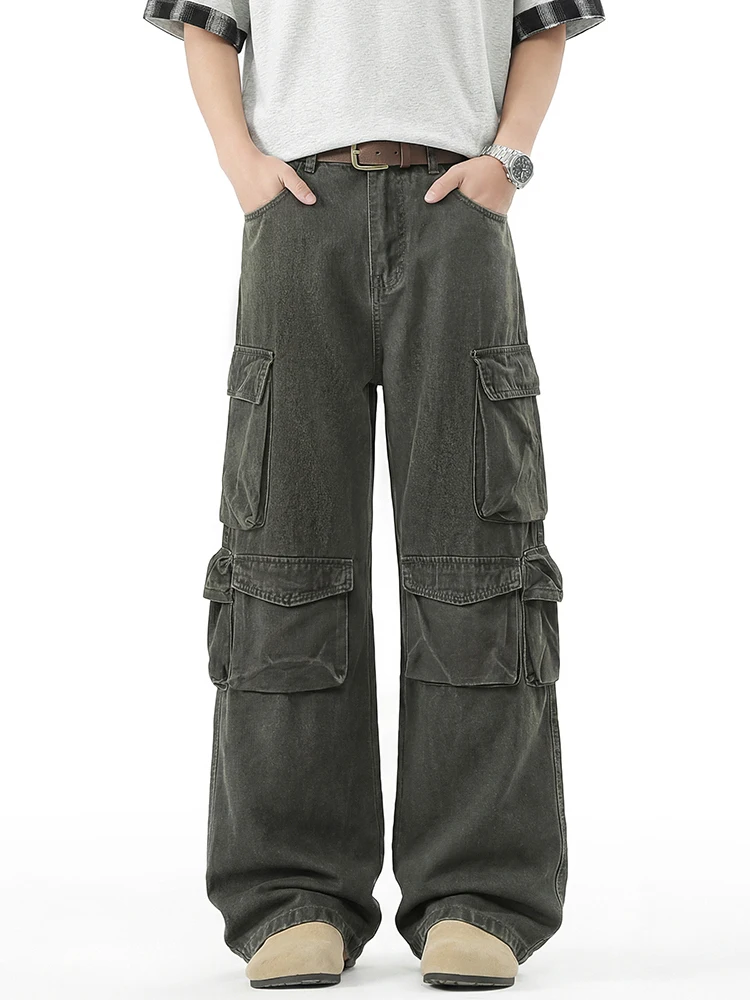 KSTUN Men's Multi-Pocket Cargo Pants Elastic Waist Wide Leg Loose Workwear Streetwear Casual Green Trousers 3 Colors Available
