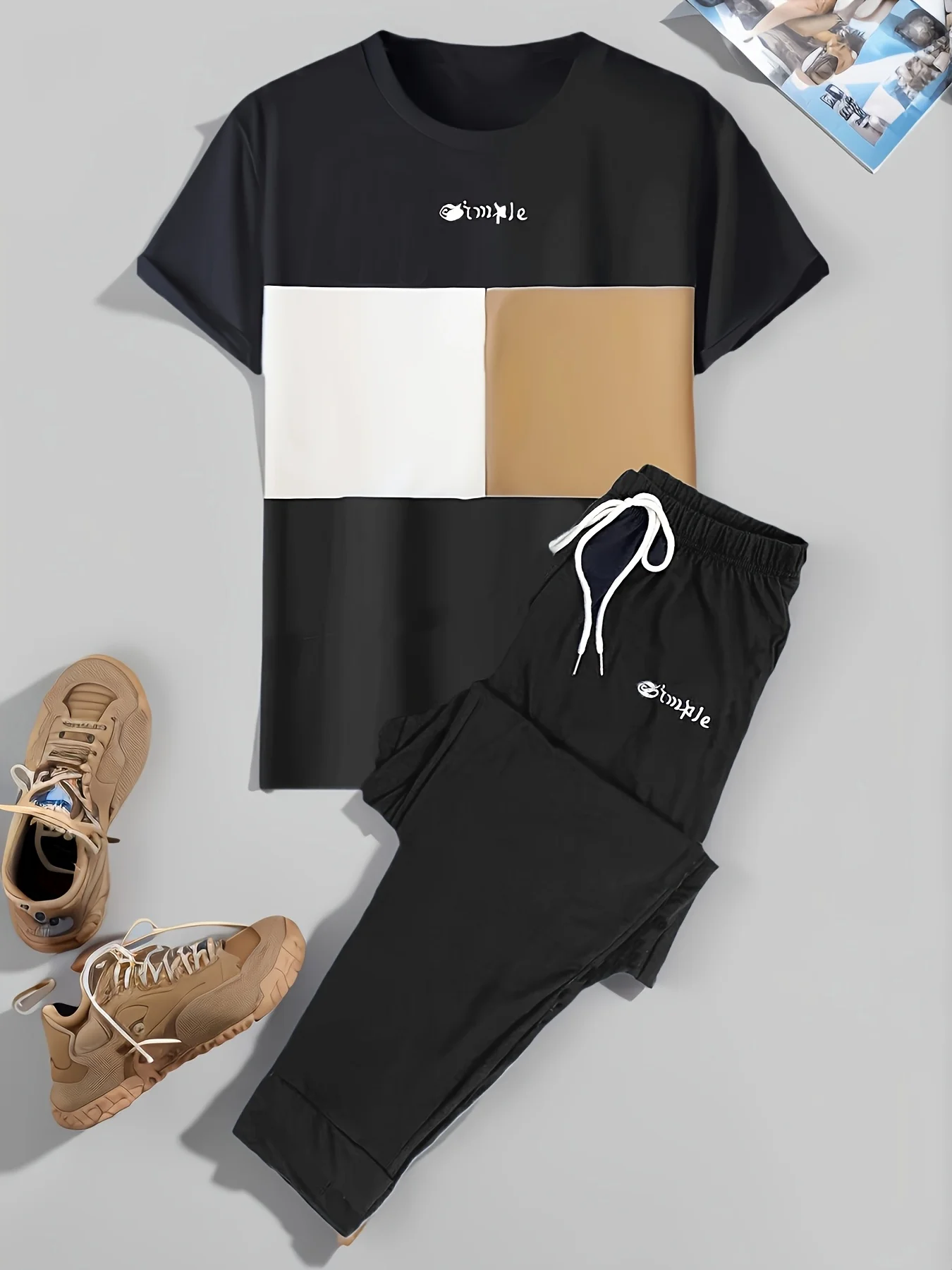 Conjunto de camiseta y pantalones de cuello redondo transpirables con microelástico y estampado de letras empalmadas de verano a la moda para hombre, ropa informal para exteriores