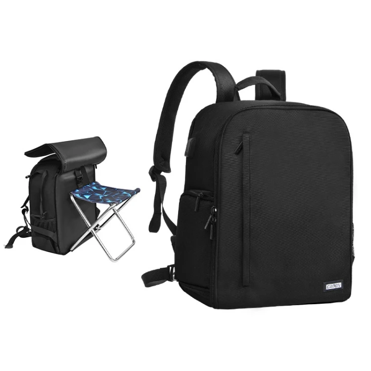 D6 VII Camera Backpack Shoulders Nylon Camera Lens Bag with Folding Chair, Size:41.5 X 31.5 X 16.5m(Black)